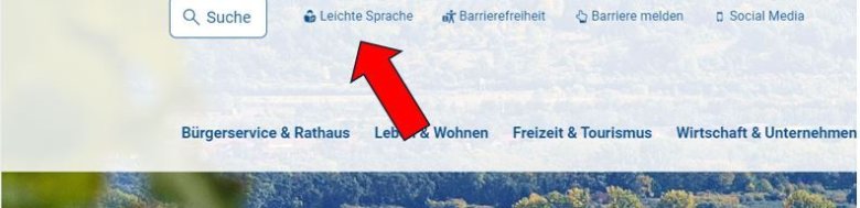 Screenshot von Homepage www.eltville.de mit rotem Pfeil auf den Button Leichte Sprache