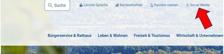 Screenshot von Homepage www.eltville.de mit rotem Pfeil auf den Button "Social Media"